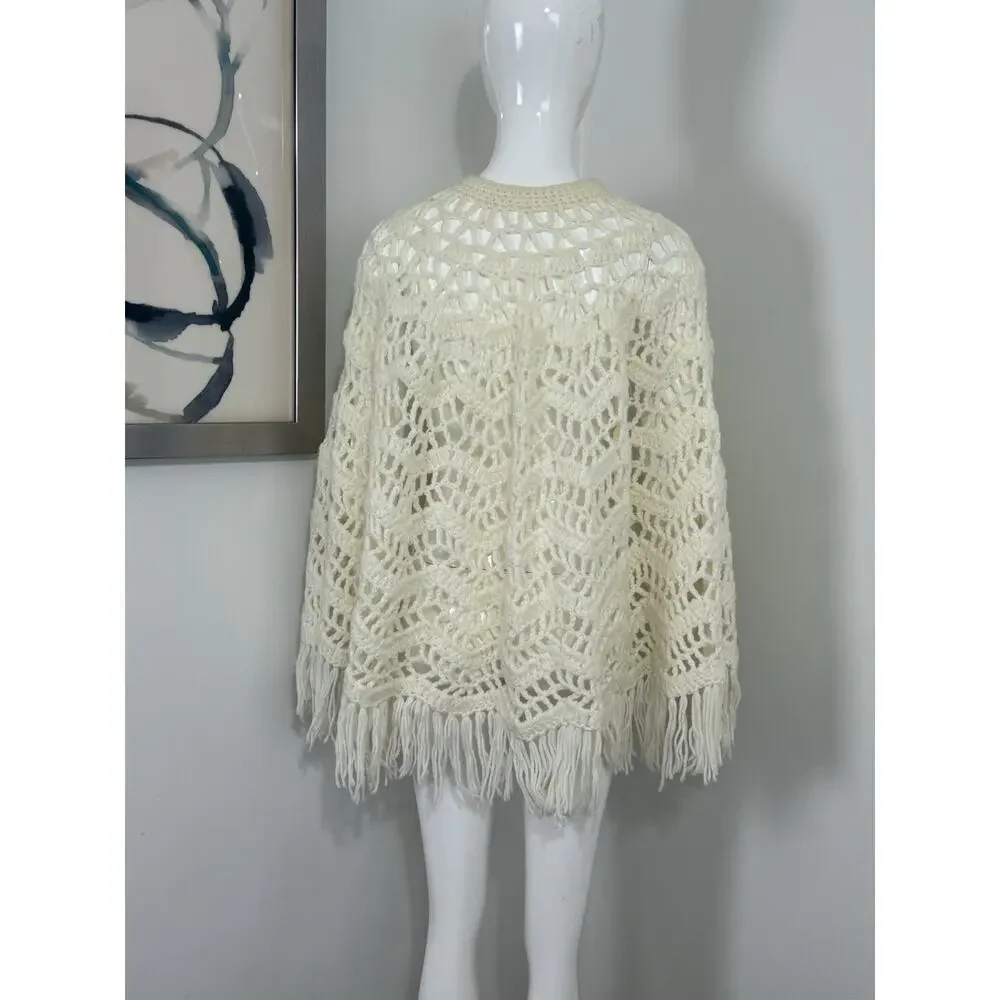Handmade Crocheted Shawl Sweater Wrap Cape Coverup Ivory Cream Fringe Boho OS
